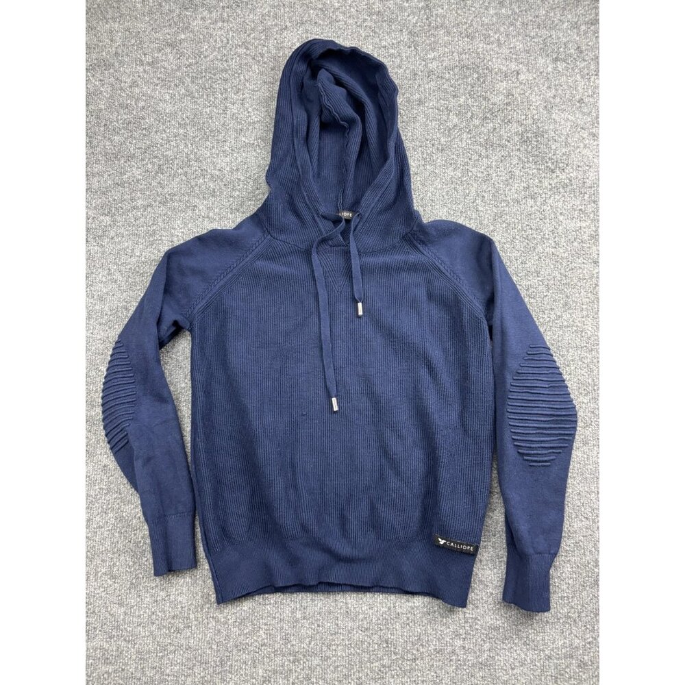 Calliope Hoodie Womens Small Navy Blue Ribbed Knit Raglan Elbow Patch Pullover